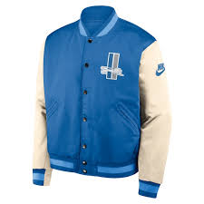 Men's Detroit Lions Nike Rewind Legacy Full-Snap Bomber Jacket - Blue/Cream