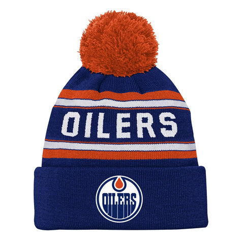 Youth Edmonton Oilers Navy Jacquard Cuffed Knit Hat with Pom